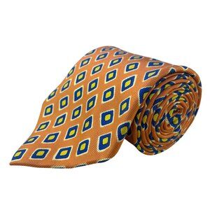 Huntington Mens Orange/Blue 100% Silk Geometric Pattern Tie Classic Necktie